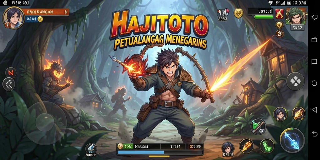 Screenshot gameplay HAJITOTO menampilkan aksi karakter anime yang menegangkan.