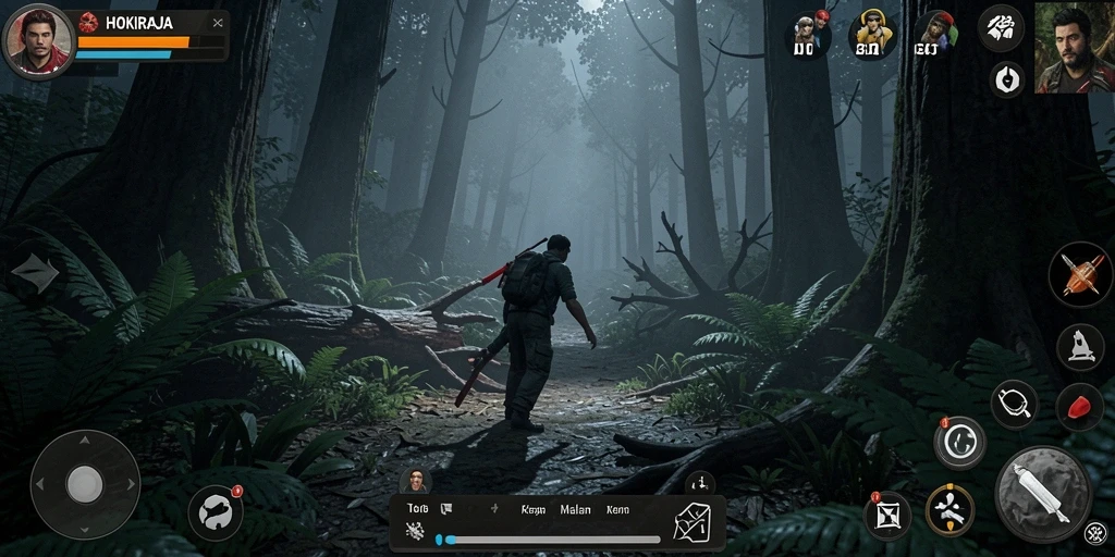 Tampilan gameplay HOKIRAJA yang menegangkan di tengah kegelapan hutan.