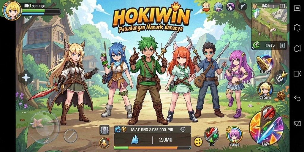 Screenshot HOKIWIN menunjukkan karakter anime dalam aksi yang seru.