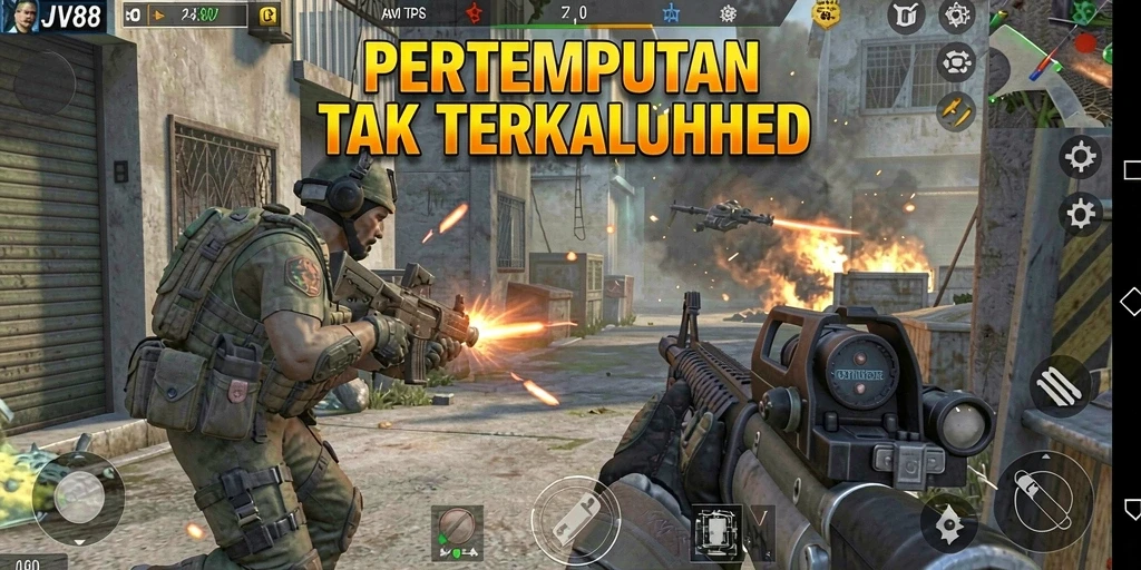 Screenshot gameplay JV88 menampilkan aksi seru dalam pertempuran TPS.