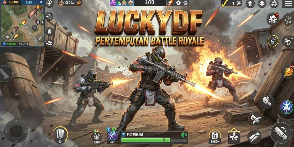 Tangkapan layar gameplay <strong>LUCKYDF</strong> menampilkan pertempuran seru di arena luas.