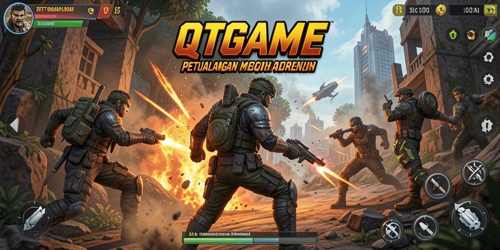Tangkapan layar menunjukkan pertempuran intens dalam QTGAME dengan aksi luar biasa.