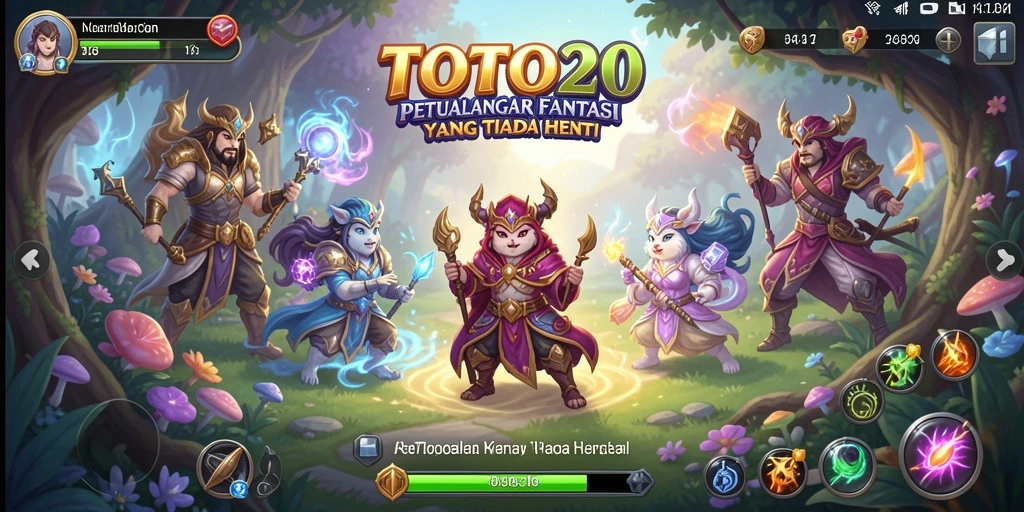 Screenshot utama TOTO20 menampilkan pertarungan seru di dunia fantasi.