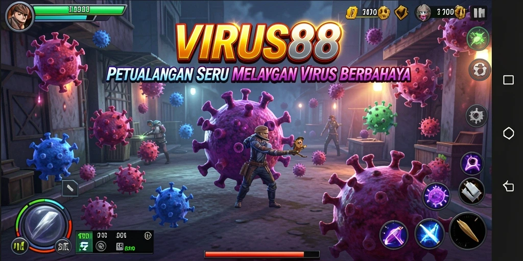 Screenshot menunjukkan aksi seru dalam <strong>VIRUS88</strong> melawan virus mematikan.